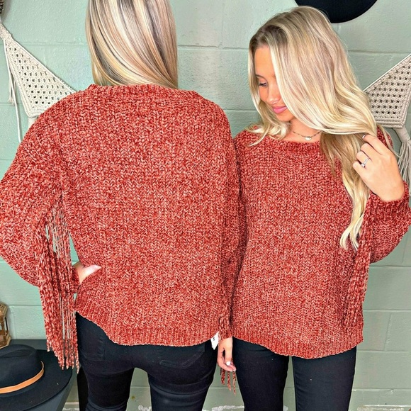 NWT BiBi Chenille Fringe Longsleeve Sweater Boho Western in Vintage Brick XL - Picture 3 of 14
